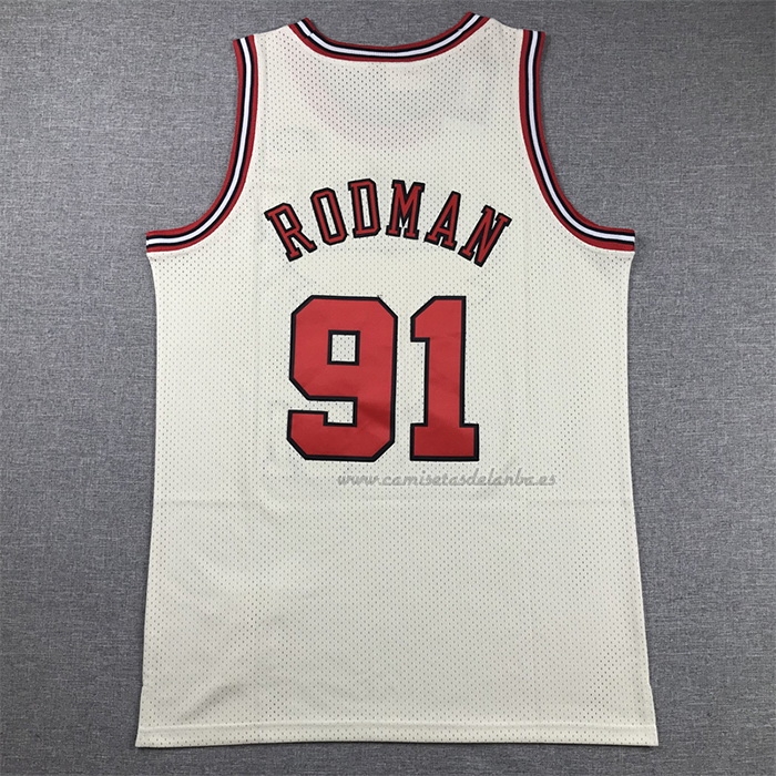 Camiseta Chicago Bulls Dennis Rodman NO 91 Mitchell & Ness Chainstitch Crema